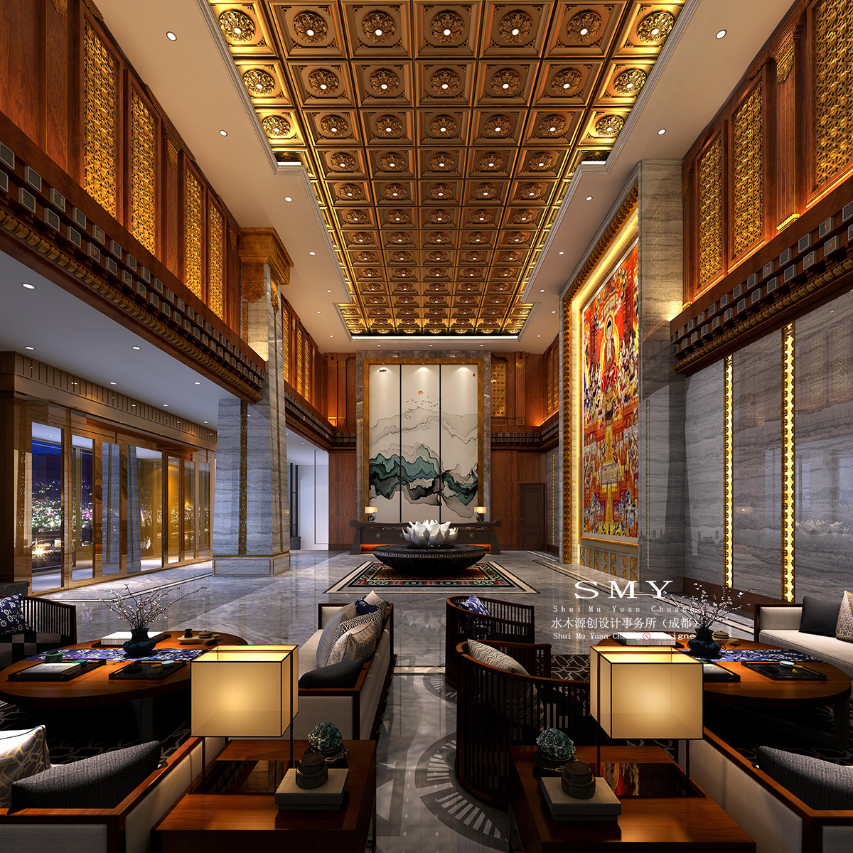 藏式酒店設計，酒店大堂大廳空間裝飾設計效果圖